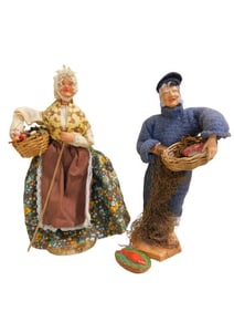 2 French Santon Figures incl 9 1/4" Fisherman with Blue Sweater, Fishing Net, Basket w/ Fish