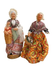 2 French Santon Figures incl 10" Lady with Pastel Skirt and Pink Flower Basket and