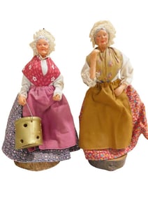 2 French Santon Figures incl 10" Lady with Gold Metal Pot, Pink and Blue Skirt, Mauve Apron and