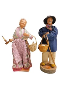 2 French Santon Figures incl 10" Lady w/ Light Purple Tone Clothes, Candlestick, and Flower Basket a