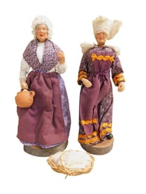 2 French Santon Figures incl 10" Woman with Purple Tone Clothes, & Clay Basket with Shells and
