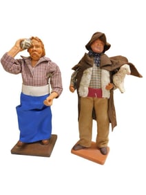 2 French Santon Figures incl 10 1/2" Man with Lamp and Brown Cape and 10 1/2" Man with Compress