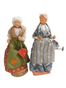 2 French Santon Figures incl 10" Woman with Red Umbrella, Linen Towel, Green Apron and