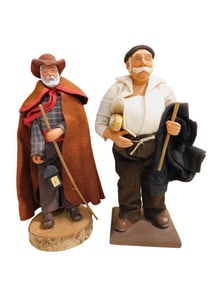 2 French Santon Figures incl 10" Man with Walking Stick, Lantern, Brown Cape, Brown Hat and