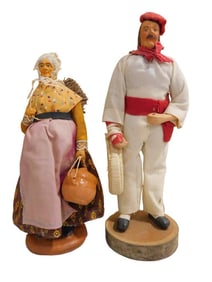 2 French Santon Figures incl 9 1/2" Woman with Clay Pot, Brown/Tan Clothes, Lavender Apron and