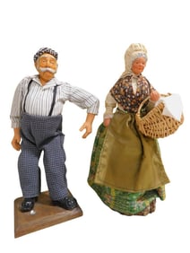 2 French Santon Figures incl 10" Man with :Blue Checkered Pants, Blue Striped Shirt, Beret and