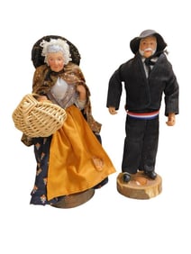 2 French Santon Figures incl 10" Man with Black Suit & French Flag Belt and 9 1/2" Woman