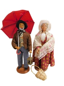 2 French Santon Figures incl 10" Man with Red Umbrella, Lantern, Pipe, Brown Jacket and