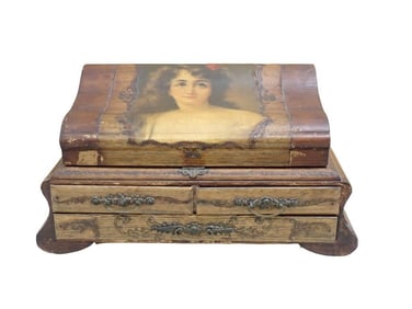 Antique Jewelry Box with Portrait of a Woman on the Lid