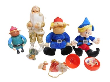 Vtg 1950s Metallic Gold Santa & Christmas Rudolph Plush & Figures Lot