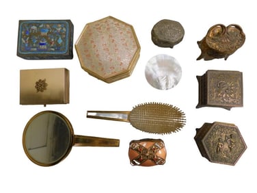 Vintage Dresser or Boudoir Items incl Trinket Boxes, Mirror, Brush, etc