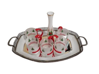 Christmas Lot incl Vintage Silver Plated Handled Tray with Mirror, Ocean Glassware Christmas Tree Mu