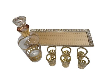 Vintage Culver Antiqua Decanter and 6 Shot Glasses plus a Vintage Dresser Tray/Mirror