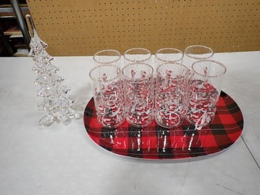 Vintage Silvestri Clear Crystal Glass Tree, 8 Christmas Glasses or Tumblers, Merry Drink Tray