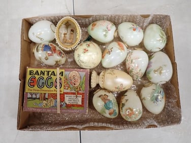 Bag of Mostly Victorian Milk Glass Eggs Used for Darning with Sweet Hand Painted Designs for