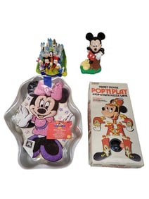 Disney Lot incl Vintage 1975 Gabriel Mickey Mouse Pop 'N Play Popomatic Puzzle Game, Minnie Mouse