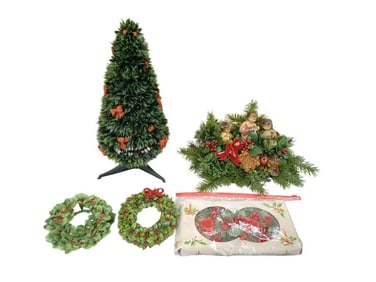 2 Small Vintage Plastic Holly Wreaths, a Small Tabletop Christmas Tree, Set of 2 Vintage