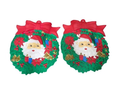 2 Molded Plastic Santa Wreaths
