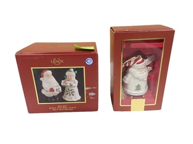 Lenox Mr & Mrs Claus Salt and Pepper Shakers and Lenox Believe Porcelain Santa Bell Christmas Orname