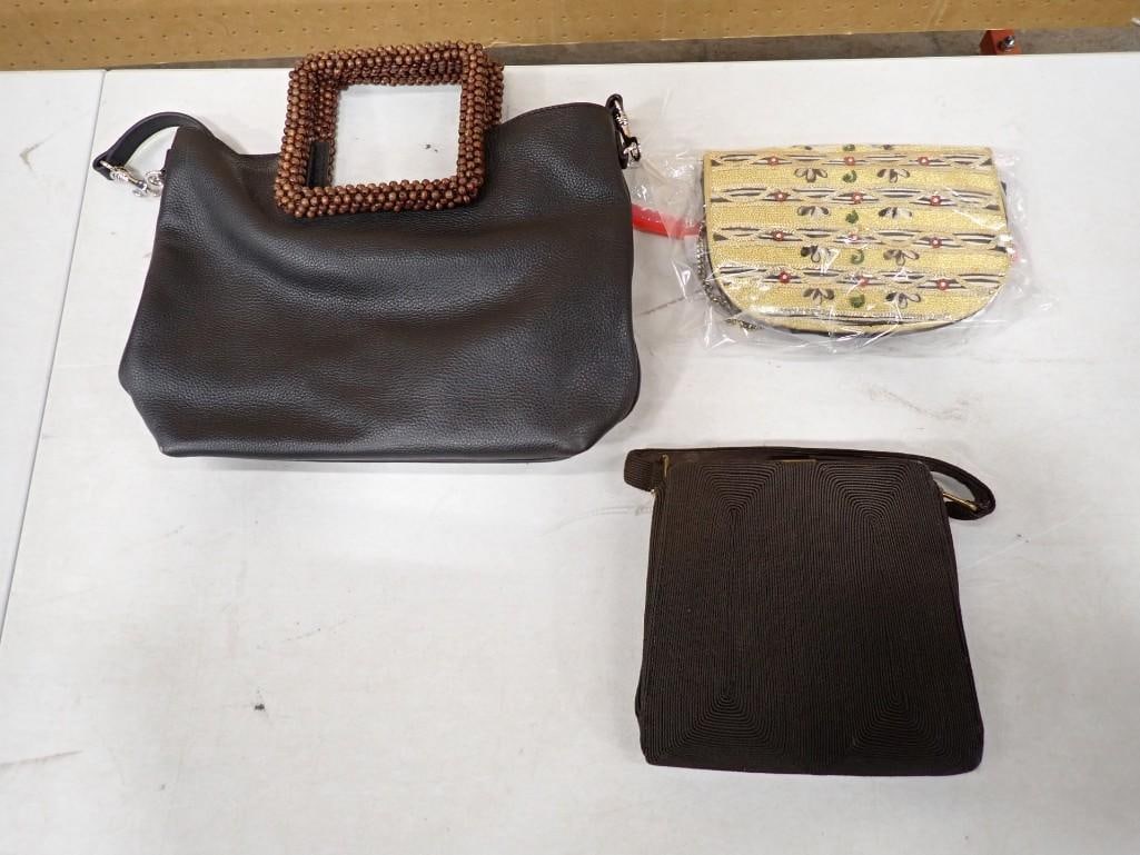 Vintage Handbags incl 1960s Beaded/Sequins Tokyo Bag with Chain, !940s Chocolate Brown Genuine Corde: Vintage Handbags incl 1960s Beaded/Sequins Tokyo Bag with Chain, !940s Chocolate Brown Genuine Corde Box Bag, Vintage 1990s J. Jill Women's bag black pebbled leather with beaded handle plus should