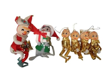 Vintage Gold Kneehugger Elves or Pixie Elves Ornaments, AnnaLee Mouse Ornament,