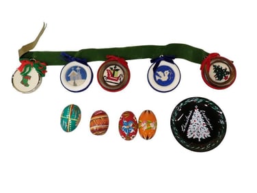 Vintage Cross Stitch Ornament Wall Hanger, Hand Painted Egg Ornaments, Houze Glass Tray