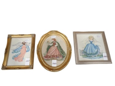 3 Framed Cross Stitch Pictures incl Vintage Bethany Angel Celestial Mar Bek, Vintage Woodland