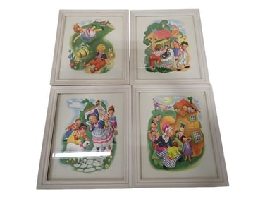 4 Vintage Mother Goose Style Framed Prints from the 1950's taken from an old book
