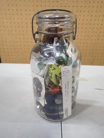 Vintage Mason Jar Filled with Anri Wood Carved Pin Cushion, Buttons, Zippers, Crochet Hooks, Sewing