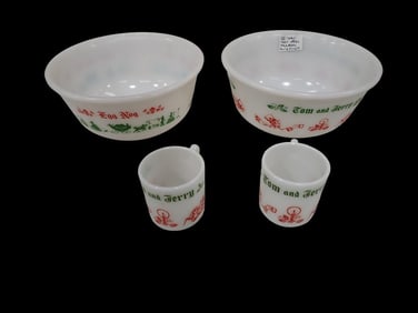 Vintage Hazel Atlas Tom & Jerry Bowl, Vintage Hazel Atlas Egg Nog Bowl, and 2 Cups