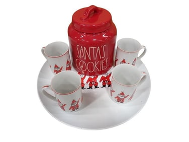 Vintage Georges Briard Tray, 4 Georges Briard Santa Cups, Rae Dunn Santa's Cookies Cookie Jar