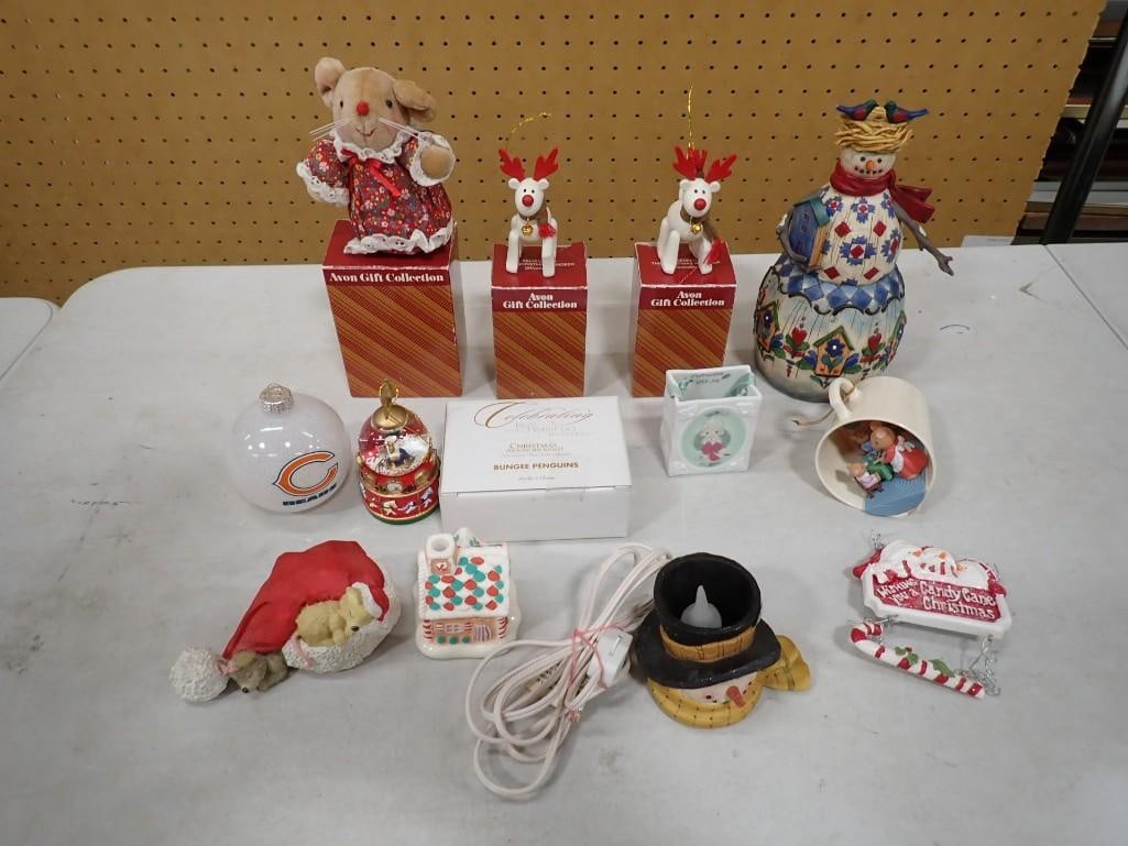 Lot of Christmas Decorations incl Vintage Avon Ornaments, Jim Shore Snowman, Chicago Bears Ornament,: Lot of Christmas Decorations incl Vintage Avon Ornaments, Jim Shore Snowman, Chicago Bears Ornament, All pictures are considered part of the description and should be examined carefully by bidders. Li