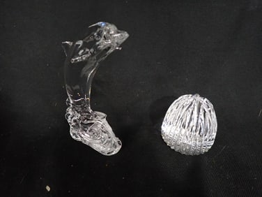 Waterford Crystal Dolphin Figure and Crystal Ribbed Egg Shaped Paperweight
