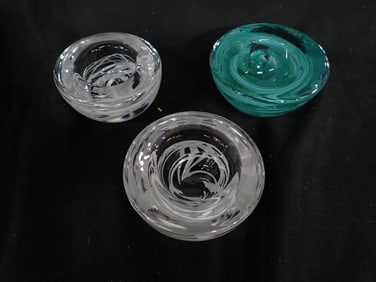 3 Votive Holders incl Set of 2 Artland Scandia White Swirl and 1 Teal Swirl - Maker Unknown