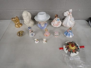 Lot of Porcelain Figurines, Bell, Etc incl Napcoware, Josef Originals, Mackenzie Child's Lid, Etc
