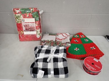 Lot of Linens, Etc incl Handmade Christmas Tree Skirt, Quilt, Throw, Etc