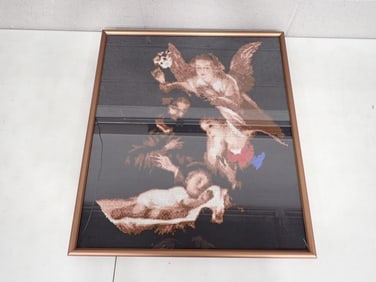 Framed Counted Cross Stitch Nativity Scene Joseph, Mary, Jesus, and Angel