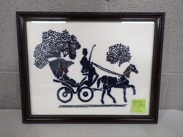 Vintage 1970s Needle Point Silhouette on Linen with Black Frame