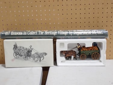 Two Department 56 Posters and a Dept. 56 Heritage Village Pumpkin Wagon
