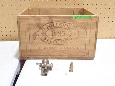 Vintage Trefethen Vineyards Wooden Wine Crate and miniature crank grinder