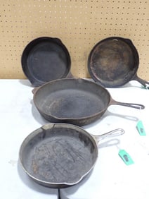Lot of Vintage or Antique Cast Iron Frying Pans including Griswold and Wapak