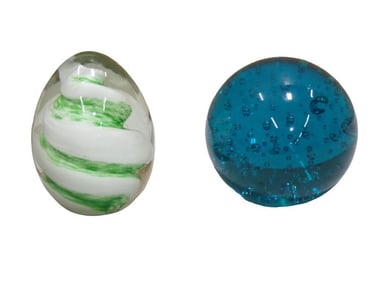 Two art Glass Paper Weights - Blue with Bubbles and Green and White Egg Shaped Spiral
