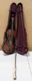 Antique Violin with Case and 4 Bows. Needs some work. No markings on the inside of the violin