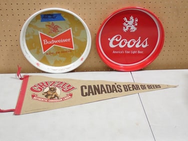 Vintage Circa 1960 Budweiser Beer Tray, plus a Coors Beer Tray and a Grizzly Bear of Beers Pennant