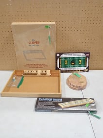 Vintage Games including Iowa Hawkeyes Cribbage Board, Wooden Clapper Dice Game, other Cribbage Games