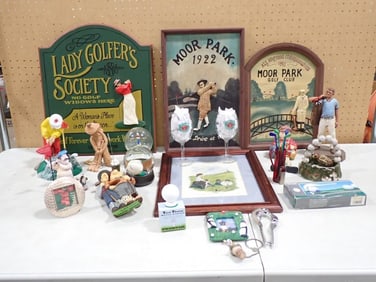 Golf Lot including Figurines, Snow Globes, Shadowboxes, Signs, Novelties, etc