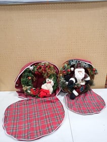 Christmas Decor Lot including Wreaths with Plush Santa, Teddy Bear, Bags to hold them
