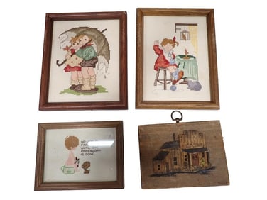 3 Framed Cross Stitch Wall Hangings and a Mixed Media Wall Hanging