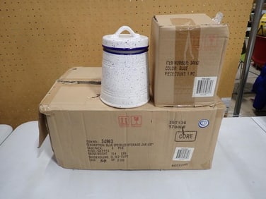 5 New in Box Canisters Blue and White Speckle Design