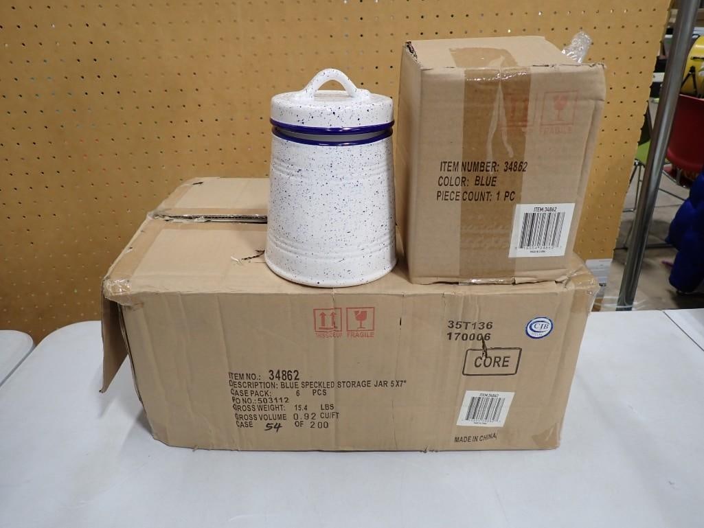 5 New in Box Canisters Blue and White Speckle Design: Lot of 5 New in Box Canisters Blue and White Speckle Design All pictures are considered part of the description and should be examined carefully by bidders. Live Auctioneers is now offering Liv